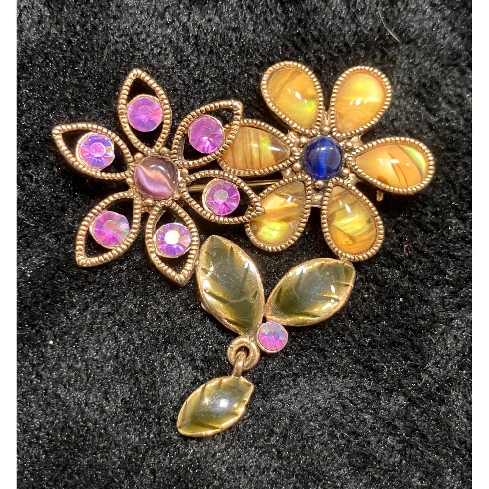 Floral Brooch Bundle Women Multicolor Rhinestone Pearl Enamel Lot of 4